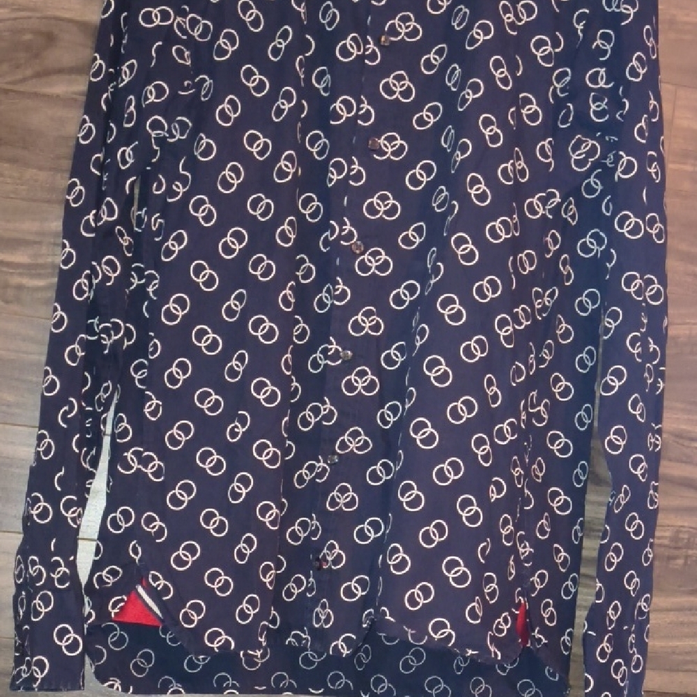 Tommy Hilfiger - Navy Blue "Interlocking Ring Print"  Long Sleeve Button Down - Picture 6 of 8